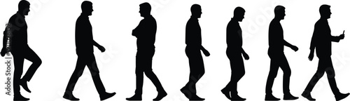 Set of black silhouettes of a casual man in various walking, standing, and moving poses isolated on a white background