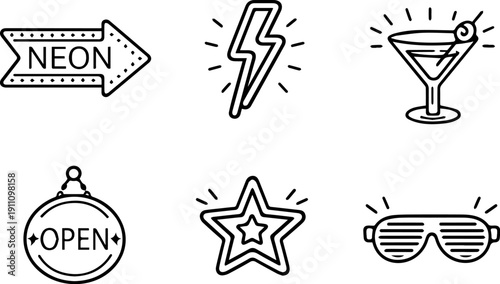 Stylized nightlife icons in neon-style outlines.
