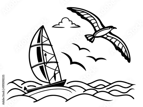A sailboat on the water with a seagull flying overhead Vector