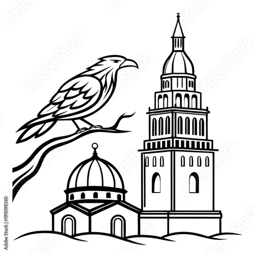 A bird perched near a historic building with a dome and tower Vector