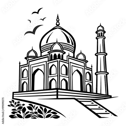 A black and white drawing of the taj mahal Vector