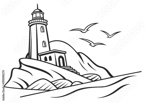 A black and white drawing of a lighthouse on a rocky coastline Vector