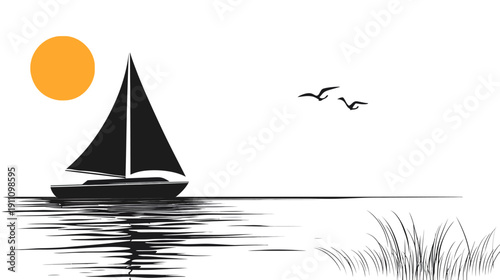 Sailboat on Calm Waters with Sun and Birds