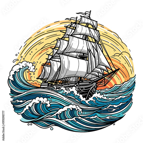 Sailing ship navigating turbulent waves at sunset