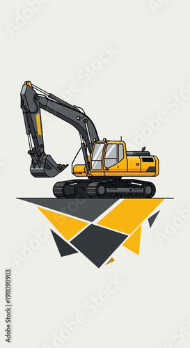 Heavy Duty Excavator Machine on Abstract Geometric Platform