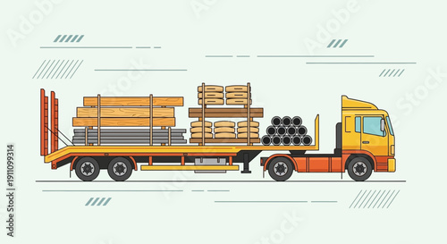 Heavy Duty Flatbed Truck Delivering Construction Materials And Lumber