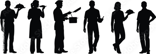 Chef and waiter silhouettes serving food and cooking, professional restaurant staff vector illustration set for hospitality and catering service design