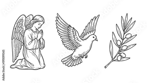 Angel Dove Olive Branch Line Art
