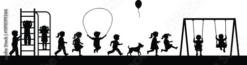 Children playing on playground silhouettes with swings, ladder, balloon, and running kids, joyful childhood vector illustration for park and recreation design