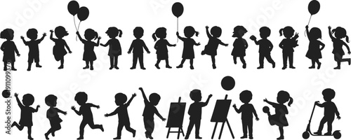 Large vector silhouette set of happy children playing, boys and girls holding balloons, painting on easel, running and riding scooter.