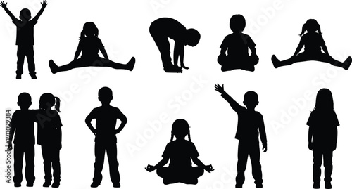 Children silhouettes in playful poses, standing, sitting, stretching and meditating kids vector illustration set for childhood activity and education themes