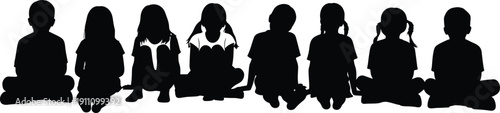 Children sitting silhouettes in calm seated poses, group of kids vector illustration for education, childhood, and school design themes