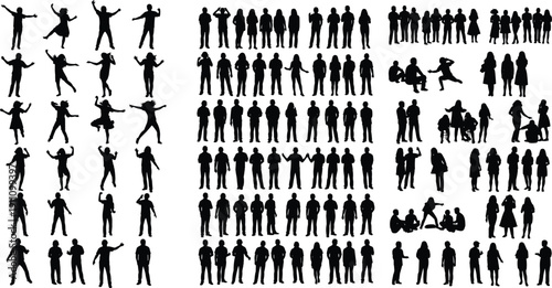 Collection of diverse people silhouettes in standing, walking, dancing, and group interaction poses, human lifestyle vector illustration set for design