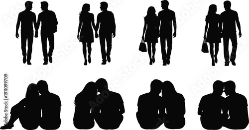Romantic couple silhouettes walking and sitting together, love, relationship, and dating concept vector illustration set for lifestyle and emotion design