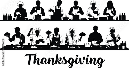 Thanksgiving cooking and dining silhouettes with chefs, food preparation, and festive meal celebration vector illustration for holiday kitchen concept design