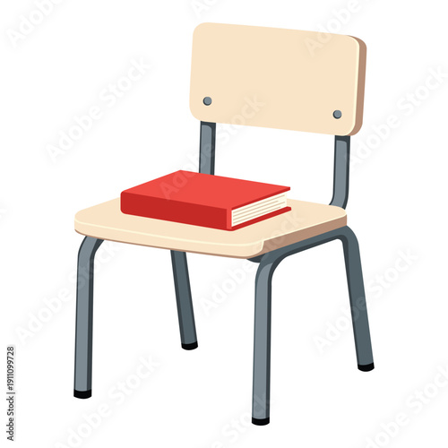 Study Chair with Red Book A simple yet inviting study chair with a vibrant red book resting upon its seat, suggesting a moment of quiet contemplation and the pursuit of knowledge