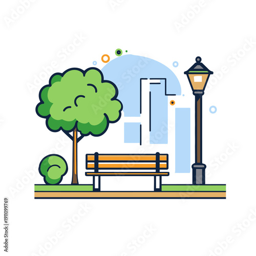 Park scene with bench, tree, and city skyline backdrop