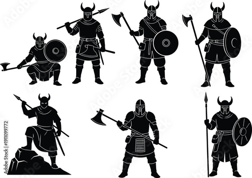 Viking warrior silhouettes with axes, shields, and helmets in battle poses, medieval Norse fighter vector illustration set for fantasy design