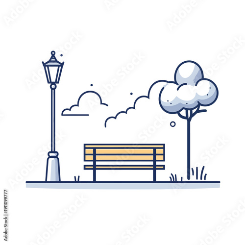 Park scene with bench, lamp post, and tree