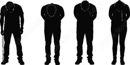 Silhouette collection of people bowing in respect or apology featuring diverse men and women in casual attire for cultural and social concepts
