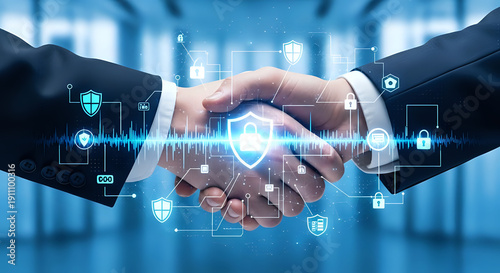 Business handshake symbolizing trust, security, and partnership with digital network overlay.