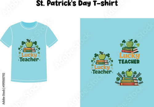 St patricks day tshirt design with lucky teacher text and shamrocks on isolated background