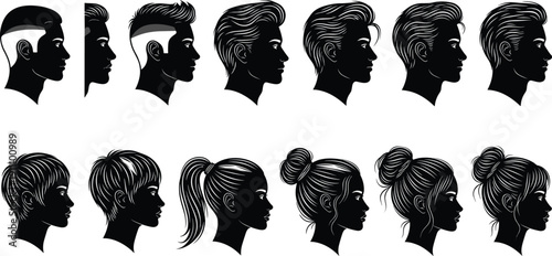 Thinker silhouette vector of man in suit and woman in dress contemplating in profile for business concept and relationship design