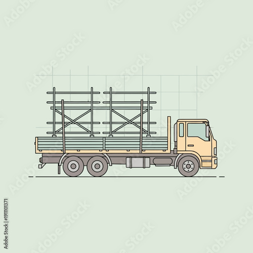 Heavy Duty Flatbed Truck Transporting Industrial Scaffolding Equipment Construction Site Logistics