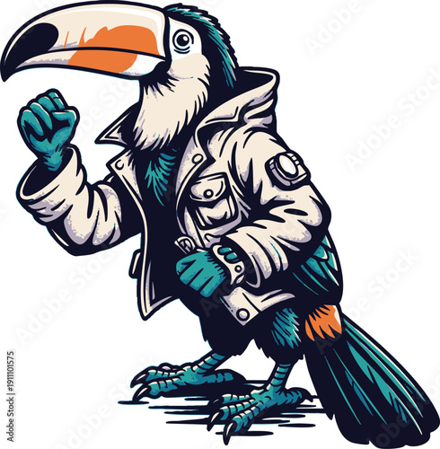 Cartoon toucan with a fist up wearing a jacket on black background.