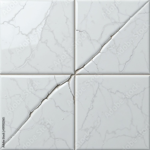 Extreme close-up of a fine hairline crack running diagonally across a glossy white ceramic wall tile