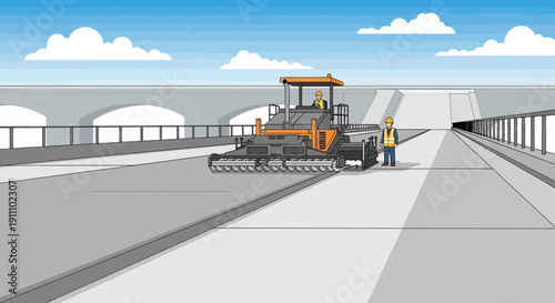 Heavy Duty Paver Machine Works On New Road Construction Project Under Blue Sky