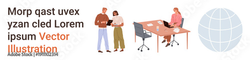 Business Networking. Teamwork, collaboration, office productivity, digital communication, global connectivity. Two people sharing ideas and third person working at desk. Teamwork office productivity