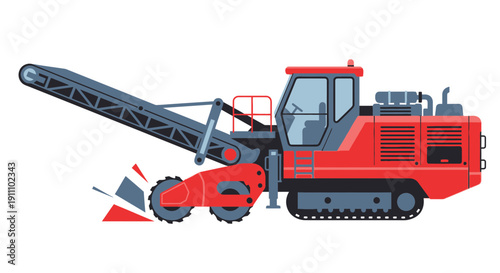 Heavy Duty Red Excavator With Grinding Mechanism And Conveyor Belt Performing Earthmoving Operations