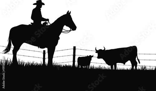 Vector silhouette of western cowboy riding horse looking at cow and calf cattle on ranch farm field with barbed wire fence