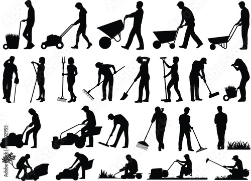 Vector silhouette set of people gardening mowing lawn with machine and working with wheelbarrow rake and shovel tools