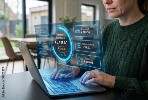 Monthly expenses and budget management on laptop with digital finance dashboard hologram