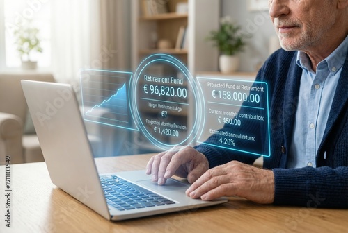 Retirement fund planning and pension projection on laptop with digital finance interface