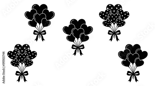 "Vector Heart Balloon Illustration with Polka Dot and Solid Designs in Black and White Arrangements, Decorative Romantic Concept for Love, Celebration, Party, and Festive Artwork"