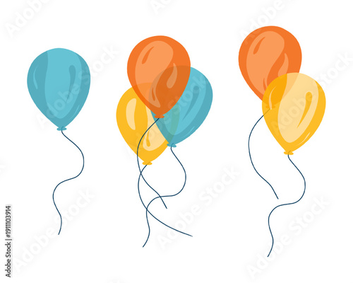 Blue, yellow and red helium balloons with strings isolated on white background. Birthday celebration symbols. Elements for party decoration. Vector flat illustration