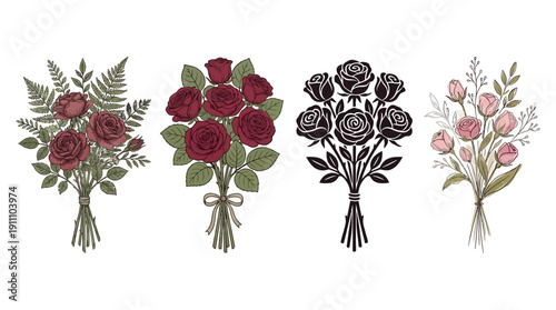 "Vector Rose Bouquet Illustrations in Red, Pink, and Black Styles with Ribbons and Leaves, Artistic Floral Arrangements for Decoration, Design Inspiration, and Romantic Concepts"
