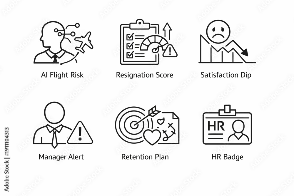 Fototapeta premium Icons depicting ai flight risk, resignation score, and employee management concepts