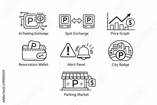 Ai parking exchange icons: spot exchange, price graph, reservation wallet, alerts