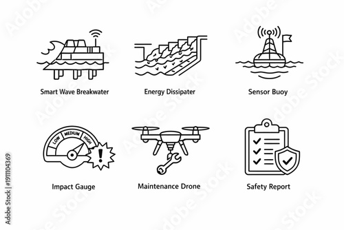 Innovative coastal engineering icons featuring smart wave breakwater and safety drone