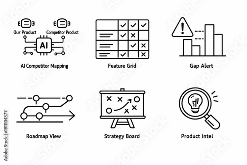 Business strategy icons featuring ai mapping and product intelligence