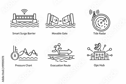 Flood control and safety icons: smart surge barrier, movable gate, tide radar, pressure chart, evacuation route, ops hub