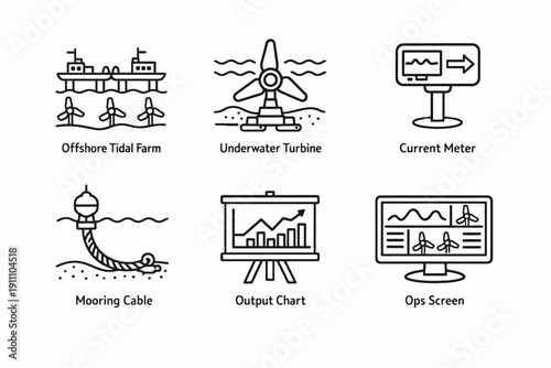 Illustration of offshore tidal energy systems and monitoring equipment