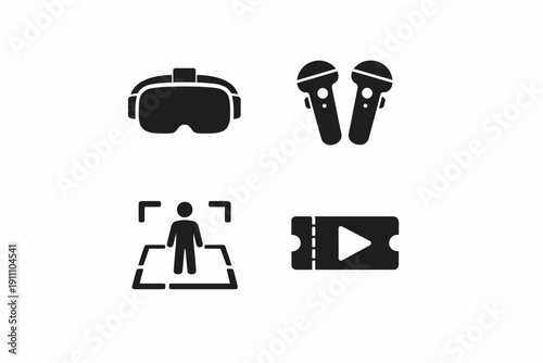 Virtual reality icons: headset, controllers, user, ticket symbols for vr technology