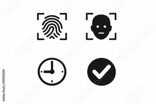 Biometric icons: fingerprint, facial recognition, clock, check mark symbols