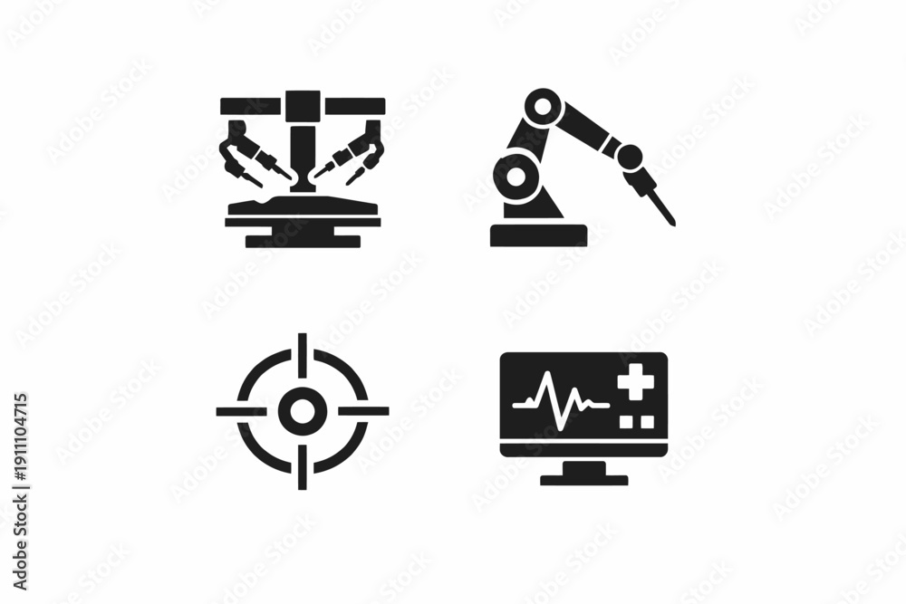 Fototapeta premium Robotic surgery equipment and monitoring technology icons set