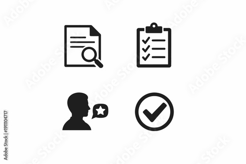 Document review and approval icons featuring checklist and profile silhouette
